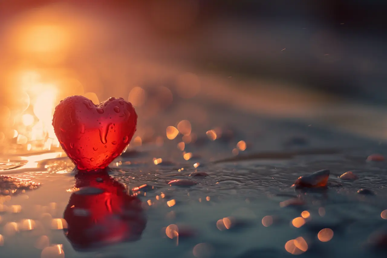 Ein kleines rotes Herz steckt im Sand am Strand und ist nass vom Meerwasser, während die Sonne untergeht