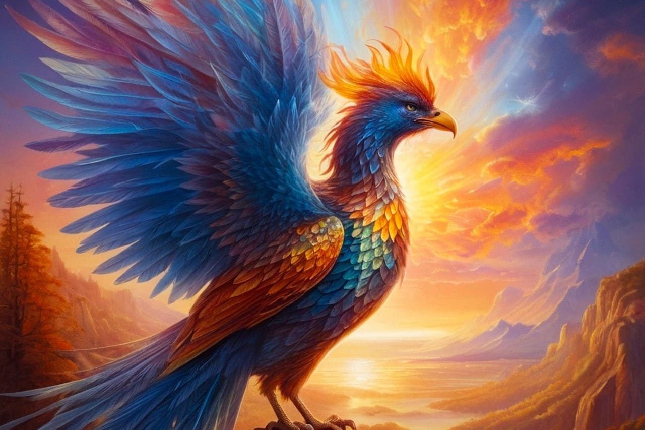Ausbildung Quantenheilung: KI generierter blauer Phönix vor einem Sonnenaufgang