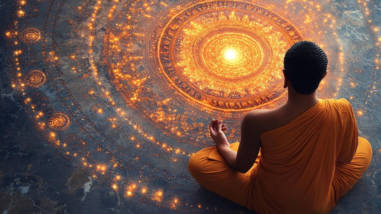 Schwerpunktseminare: KI generierter Mönch, der vor einem magisch leuchtenden Ritualkreis sitzt