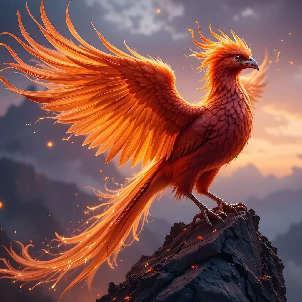 Gemeinsamer Weg: KI generierter Phönix vor einem Sonnenaufgang